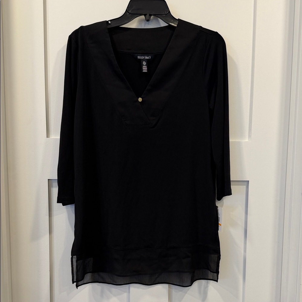 Ellen Tracy Black V-Neck Tunic with Sheer Hem Accent